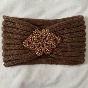 Brown Knit Headband with Embellishment